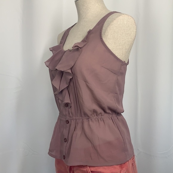 Full Tilt Semi Sheer Sleeveless Ruffle Front Blouse - Mauve, Size Small - Picture 5 of 6